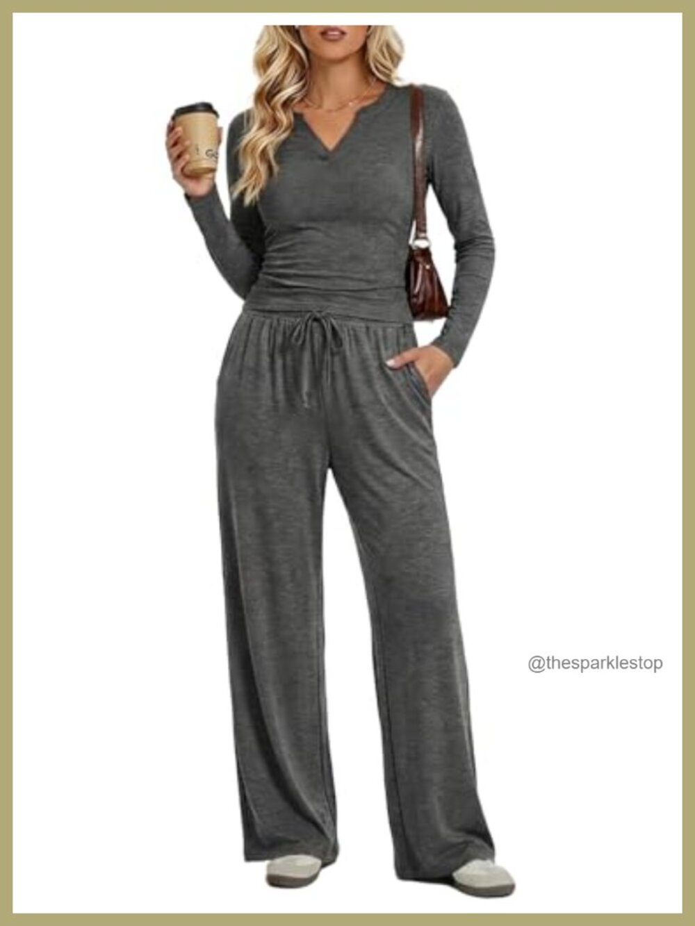Women's 2 Piece Lounge Set Rayon Spandex V-Neck Crop Top Wide Leg Pants